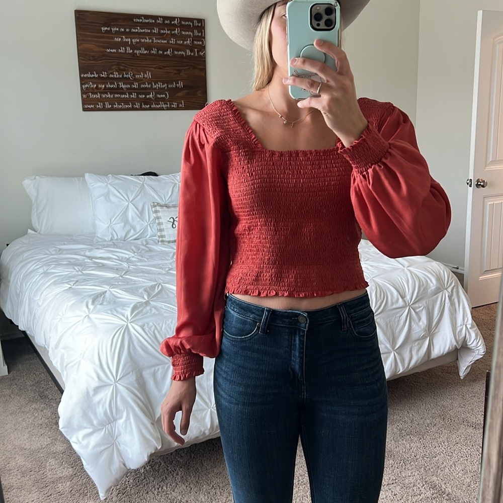 Rustic burnt orange silk long sleep crop top.